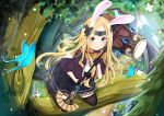  1girl abigail_williams_(fate/grand_order) absurdres animal_ears bangs black_bow black_dress black_footwear black_gloves black_legwear blonde_hair blue_eyes boots bow bug bunny_ears bunny_girl bunny_tail butterfly butterfly_hair_ornament commentary dress fate/grand_order fate_(series) fingerless_gloves gloves hair_ornament highres holding holding_hammer insect kaya_(tyhk7874) long_hair looking_at_viewer orange_bow outdoors parted_bangs solo tail thighhighs tree 