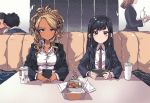  2boys 3girls black_eyes black_hair blazer blonde_hair braid breasts brown_eyes cellphone chicken_nuggets commentary_request couch cup dark_skin disposable_cup drinking_straw fast_food food_court_de_mata_ashita gyaru jacket large_breasts looking_at_viewer multiple_boys multiple_girls nariie_shin&#039;ichirou necktie phone restaurant school_uniform sitting smartphone straight_hair table tied_hair wada_(food_court) wavy_hair yamamoto_(food_court) 