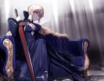  1girl artoria_pendragon_(all) black_dress black_legwear black_ribbon blonde_hair breasts checkered checkered_floor cleavage couch crossed_arms dark_excalibur dress fate/stay_night fate_(series) frills hair_ribbon highres looking_at_viewer pale_skin ribbon saber_alter sitting solo untsue yellow_eyes 