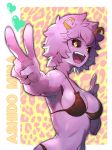  1girl ashido_mina bikini black_sclera boku_no_hero_academia character_name coon double_v heart horns looking_at_viewer open_mouth pink_hair pink_skin shiny shiny_skin short_hair solo swimsuit v yellow_eyes 