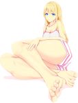  1girl absurdres bad_proportions barefoot blonde_hair blue_eyes breasts chiyuki_fujito cleavage feet foreshortening highres looking_at_viewer medium_breasts runway_de_waratte simple_background sitting solo striped thighs white_background 