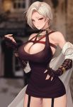 1girl armpits bangs bare_shoulders bdsm black_dress blurry blurry_background blush bondage bound breasts choker cleavage closed_mouth dress dungeon_and_fighter earrings fingerless_gloves garter_straps gloves halterneck hand_on_hip highres jacket jacket_removed jewelry large_breasts lim_(ueyy4758) majesty_(dungeon_and_fighter) necklace off_shoulder parted_bangs pink_lips platinum_blonde_hair red_eyes remote_control_vibrator rope shibari short_dress short_hair sweatdrop thighs tied_up vibrator vibrator_under_clothes 