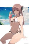 1girl aiko_(kanl) bare_arms bare_shoulders bikini braid breasts brown_hair cleavage cloud cropped_legs cup drinking_glass drinking_straw fate/grand_order fate_(series) florence_nightingale_(fate/grand_order) hair_rings highres holding large_breasts long_hair looking_at_viewer multi-strapped_bikini navel red_eyes side-tie_bikini sidelocks sitting skindentation solo stomach string_bikini swimsuit thighs tied_hair tropical_drink wet white_bikini 