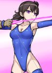  1girl ass_visible_through_thighs black_hair blue_gloves blue_legwear blue_leotard blue_swimsuit brainwashing breasts cleavage commentary_request corruption cowboy_shot dark_persona elbow_gloves gloves gradient gradient_background hai_(h81908190) highleg highleg_leotard highleg_swimsuit kaga_(kantai_collection) kantai_collection leotard long_hair medium_breasts partly_fingerless_gloves pink_background purple_eyes side_ponytail solo standing swimsuit thighhighs white_background yugake 