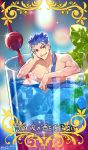  1boy arm_rest blue_hair card_(medium) card_parody cocktail cocktail_pick craft_essence cu_chulainn_(fate)_(all) fate/grand_order fate/stay_night fate_(series) highres ice lancer long_hair mint nude ponytail red_eyes redrop sparkle wet 