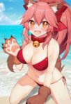  1girl animal_ear_fluff animal_ears bangs bare_shoulders bell bell_collar bikini blush breasts cleavage collar fangs fate/extra fate/grand_order fate_(series) fox_ears fox_girl fox_tail gloves highres jingle_bell large_breasts long_hair looking_at_viewer navel open_mouth paw_gloves paw_shoes paws pink_hair red_bikini shoes smile solo swimsuit tail tamamo_(fate)_(all) tamamo_cat_(fate) yellow_eyes yoshi8357 