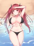  1girl aitama_aizu arm_over_head armpits ass_visible_through_thighs azur_lane bangs beach bikini black_bikini black_ribbon blush breasts breasts_apart cleavage closed_mouth collarbone commentary_request cowboy_shot eyebrows_visible_through_hair groin hair_ribbon hand_on_own_chest highres honolulu_(azur_lane) honolulu_(summer_accident?!)_(azur_lane) large_breasts long_hair looking_at_viewer lying midriff navel ocean on_back partially_submerged red_eyes red_hair ribbon sand sidelocks solo swimsuit thigh_gap twintails untied untied_bikini 