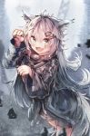  1girl animal_ears arknights bangs black_jacket english_commentary eyebrows_visible_through_hair greypidjun hair_between_eyes hair_ornament hairclip jacket lappland_(arknights) long_hair long_sleeves open_mouth scar scar_across_eye shorts silver_hair smile solo standing wolf_ears 