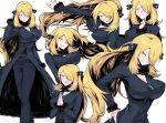  1girl black_dress blonde_hair bouncing_breasts breasts cleavage closed_eyes commentary_request dress grey_eyes grin hair_over_one_eye hands_together highres large_breasts long_hair looking_at_viewer multiple_views parted_lips pokemon pokemon_(game) shirona_(pokemon) simple_background smile standing suzusiigasuki white_background 