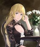  1girl alternate_costume bangs black_dress blonde_hair blunt_bangs breasts center_frills cleavage cleavage_cutout closed_mouth collarbone dress fire_emblem fire_emblem:_three_houses flower frilled_dress frilled_sleeves frills green_eyes hand_up ingrid_brandl_galatea j@ck long_hair long_sleeves looking_at_viewer medium_breasts pink_lips signature smile vase white_flower 