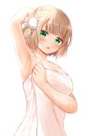  1girl :o arm_behind_head arm_up armpits bangs bare_shoulders blunt_bangs blush braid breasts brown_hair cleavage collarbone commentary_request ex_idol eyebrows_visible_through_hair green_eyes hair_pom_pom hair_rings looking_at_viewer medium_breasts naked_towel open_mouth shigure_ui_(channel) shigure_ui_(vtuber) short_hair simple_background solo towel upper_body virtual_youtuber wet white_background 