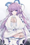  1girl animal_ears azur_lane blue_eyes blush coat dress eyebrows_visible_through_hair fake_animal_ears fukurou_(hvgd5584) fur_trim hair_ornament hair_ribbon highres long_hair long_sleeves looking_at_viewer open_mouth purple_hair ribbon snowing solo sweater tashkent_(azur_lane) thighhighs very_long_hair white_coat white_legwear 