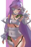  1girl absurdres bandage_over_one_eye bandaged_arm bandaged_head bandaged_leg bandages bangs bare_shoulders blush breasts covered_navel fate/extra fate/extra_ccc fate_(series) highres kingprotea long_hair looking_at_viewer moss musicatopos naked_bandage open_mouth purple_background purple_eyes purple_hair small_breasts solo two-tone_background very_long_hair white_background 