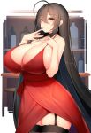  1girl absurdres ahoge azur_lane bangs bare_shoulders black_hair blush breasts brown_legwear chixiao choker cleavage cocktail_dress collarbone commentary_request dress eyebrows_visible_through_hair finger_to_mouth hair_between_eyes highres huge_ahoge huge_breasts long_hair looking_at_viewer no_bra plunging_neckline red_choker red_dress red_eyes sketch solo spaghetti_strap strap_gap taihou_(azur_lane) taihou_(forbidden_feast)_(azur_lane) thighhighs very_long_hair 
