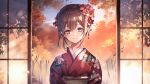 1girl artist_name autumn_leaves bangs blush brown_eyes brown_hair commentary_request eyebrows_visible_through_hair floral_print flower hair_flower hair_ornament japanese_clothes kimono leaf looking_at_viewer maple_leaf original pink_flower red_flower red_kimono scenery smile solo unity_(ekvmsp02) window 