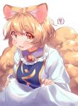  ! 1girl animal_ears bangs blonde_hair blush breasts brown_eyes commentary_request dress eyebrows_visible_through_hair fox_ears fox_tail frilled_shirt_collar frills highres large_breasts looking_at_viewer masanaga_(tsukasa) multiple_tails no_hat no_headwear open_mouth short_hair simple_background solo spoken_exclamation_mark sweat tabard tail touhou upper_body white_background white_dress yakumo_ran 