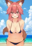  1girl animal_ear_fluff animal_ears bangs bare_shoulders bikini blue_bikini blush breasts cleavage collarbone fate/extra fate/grand_order fate_(series) fox_ears fox_girl fox_tail highres large_breasts long_hair looking_at_viewer navel pink_hair smile solo swimsuit tail tamamo_(fate)_(all) tamamo_no_mae_(fate) yellow_eyes yoshi8357 