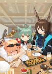  3boys 3girls ahoge alcohol amiya_(arknights) animal_ears arknights artist_request azur_lane bar beer beer_mug bunny_ears character_request commander_(azur_lane) commander_(girls_frontline) doctor_(arknights) drunk food french_fries girls_frontline highres kalina_(girls_frontline) ketchup multiple_boys multiple_girls plate 