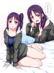  1girl :d absurdres bangs blush breasts hair_down highres huge_filesize kazuno_sarah long_hair looking_at_viewer love_live! love_live!_sunshine!! open_mouth purple_eyes purple_hair school_swimsuit side_ponytail sidelocks slime smile solo swimsuit thighs translation_request yopparai_oni 