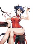  1girl arknights arm_rest armpits bare_legs black_hair branch breasts ch&#039;en_(arknights) cherry_blossoms china_dress chinese_clothes cleavage cleavage_cutout cowboy_shot crossed_legs cup double_bun dragon_horns dragon_tail dress drinking_glass expressionless eyyy highres horns looking_at_viewer medium_breasts medium_hair panties pelvic_curtain red_dress red_eyes side-tie_panties side_slit simple_background sitting sleeveless sleeveless_dress solo tail thighs underwear white_background wine_glass 