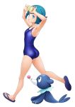 1girl absurdres armpits blue_eyes blue_hair breasts closed_mouth commentary feet highres looking_at_viewer one-piece_swimsuit pokemon pokemon_(creature) pokemon_(game) pokemon_sm short_hair simple_background small_breasts smile suiren_(pokemon) swimsuit turiganesou800 white_background 