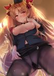  1girl aburi_rare areolae ass bangs black_legwear blonde_hair blush breasts buttons cameltoe closed_mouth commentary_request dutch_angle ereshkigal_(fate/grand_order) fate/grand_order fate_(series) from_below gusset hair_ribbon hat heroic_spirit_festival_outfit highres long_hair looking_at_viewer medium_breasts midriff_peek navel nipples panties panties_under_pantyhose pantyhose parted_bangs red_eyes red_ribbon ribbon solo standing sweat tearing_up thighband_pantyhose two_side_up underwear 