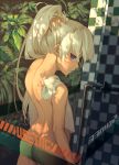  1girl ass blue_eyes from_behind highres long_hair nude rwby shower_(place) solo wangxiii weiss_schnee wet white_hair 