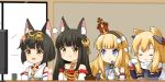  4girls :d :t animal_ear_fluff animal_ears azur_lane bangs bare_shoulders black_hair black_hairband blonde_hair blue_eyes blush bow brown_eyes cake closed_eyes closed_mouth commentary_request crown cup detached_sleeves dress eating epaulettes eye_contact eyebrows_visible_through_hair flat_screen_tv food fork fox_ears gloves grey_sleeves hair_bow hair_ears hairband headgear headpiece holding holding_cup holding_fork japanese_clothes juliet_sleeves kimono long_hair long_sleeves looking_at_another looking_to_the_side miicha mini_crown multiple_girls mutsu_(azur_lane) nagato_(azur_lane) open_mouth puffy_sleeves queen_elizabeth_(azur_lane) red_dress sleeveless sleeveless_kimono slice_of_cake smile strapless strapless_dress striped striped_hairband teacup television tilted_headwear twitter_username warspite_(azur_lane) white_bow white_gloves white_kimono white_sleeves yellow_eyes yunomi 