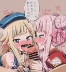  2girls bar_censor blonde_hair blush censored character_request copyright_request double_bun fellatio heavy_breathing highres looking_at_viewer mamerakkkkko multiple_fellatio multiple_girls open_mouth oral penis pink_eyes pink_hair saliva simple_background tongue tongue_out virtual_youtuber 