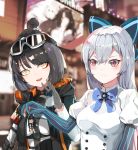  3girls absurdres armband black_bow black_gloves blue_bow blue_star blue_stripes blurry bob_cut bow bowtie braid brooch caws_(girls_frontline) character_doll character_request city commentary_request depth_of_field elbow_gloves eyelashes eyeshadow german_flag girls_frontline gloves goggles goggles_on_head hair_bow highres hood hooded_jacket jacket jewelry lez long_hair makeup moomin multiple_girls night open_mouth outdoors partly_fingerless_gloves red_eyes red_eyeshadow shopping silver_hair ski_goggles smile striped tokarev_(girls_frontline) tsurime upper_body vertical-striped_gloves vertical_stripes yellow_eyes 
