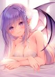  1girl absurdres backlighting bare_shoulders blush breasts choker cleavage closed_mouth collarbone commentary_request demon_girl demon_wings flower hair_flower hair_ornament heart highres indoors kuro_namako large_breasts long_hair looking_at_viewer lying on_stomach original pointy_ears purple_eyes purple_hair ribbon ribbon_choker smile solo white_ribbon window wings 