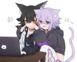  2girls animal_ear_fluff animal_ears black_hair cat_ears cat_tail computer fang highres hololive hood hood_down hoodie laptop lavender_hair long_hair multicolored_hair multiple_girls nekomata_okayu ookami_mio orange_eyes pants pochimoto red_hair short_hair skin_fang streaked_hair sweatdrop tail tears wolf_ears 