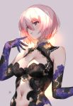  1girl absurdres bangs bare_shoulders black_gloves blush breasts cleavage elbow_gloves fate/grand_order fate_(series) gloves hair_over_one_eye highres large_breasts lavender_hair mash_kyrielight navel parted_lips purple_eyes short_hair solo yang-do 