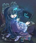 1girl black_eyes black_hair bottle box bug chopsticks commentary_request computer cup dark highres houraisan_kaguya indoors insect laptop long_hair long_sleeves looking_at_viewer mikan_box mouse_(computer) pink_shirt scary_maze_game sekisei_(superego51) shirt skirt smile socks solo touhou used_tissue very_long_hair white_legwear wide_sleeves 