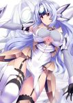  1girl absurdres android blue_hair breasts chain cleavage elbow_gloves faulds garter_straps gloves headgear highres kos-mos kos-mos_ver._4 large_breasts long_hair looking_to_the_side open_mouth red_eyes silver_hair solo thighhighs tro underboob very_long_hair xenosaga xenosaga_episode_iii zoom_layer 