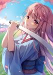  1girl absurdres artist_name bangs baozishark blue_kimono blue_sky blurry blurry_background blush cherry_blossoms crying crying_with_eyes_open dated day eyebrows_visible_through_hair floral_print grass highres holding holding_sword holding_weapon japanese_clothes katana kimono long_hair long_sleeves looking_at_viewer no_headwear obi open_mouth petals pink_eyes reflective_eyes saigyouji_yuyuko saigyouji_yuyuko_(living) sash signature sky smile solo sword teardrop tears touhou tree very_long_hair weapon wide_sleeves wind 