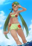  1girl absurdres blush breasts cleavage cloud dark_skin green_eyes green_hair hair_ornament highres long_hair looking_at_viewer mao_(pokemon) open_mouth pokemon pokemon_(game) pokemon_sm solo turiganesou800 twintails water 