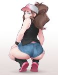  1girl ass bare_arms bare_legs bare_shoulders baseball_cap black_vest blue_eyes boots brown_hair cutoffs denim denim_shorts exposed_pocket from_behind full_body hat high_ponytail long_hair looking_at_viewer looking_back pocket pokemon pokemon_(game) pokemon_bw shoe_soles short_shorts shorts sidelocks skindentation solo squatting tenguro touko_(pokemon) vest wristband 