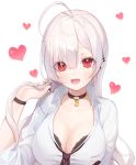  1girl :d a20_(atsumaru) ahoge black_bra black_choker blush bra breasts choker cleavage collarbone collared_shirt commission dress_shirt ear_piercing earrings eyes_visible_through_hair fang grey_hair hair_over_one_eye hand_up heart highres jewelry large_breasts long_hair looking_at_viewer open_mouth original piercing red_eyes shirt simple_background slit_pupils smile solo underwear white_background white_shirt 