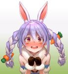  1girl @_@ animal_ear_fluff animal_ears as109 bangs black_gloves blue_hair blush braid breasts bunny_ears carrot carrot_hair_ornament commentary_request food_themed_hair_ornament fur_collar fur_trim gloves gradient gradient_background hair_between_eyes hair_ornament hololive long_hair looking_at_viewer multicolored_hair open_mouth simple_background small_breasts solo tears twin_braids upper_body usada_pekora virtual_youtuber white_hair 