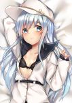  1girl absurdres arms_up bangs bed_sheet black_bra blue_eyes blush bow bow_bra bra breasts closed_mouth dakimakura eyebrows_visible_through_hair flat_cap hammer_and_sickle hat hibiki_(kantai_collection) highres kantai_collection kure_(kure_ng) long_hair long_sleeves looking_at_viewer lying on_back open_clothes open_shirt remodel_(kantai_collection) school_uniform shirt silver_hair solo star underwear verniy_(kantai_collection) white_headwear 