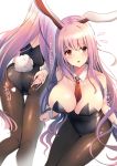  1girl :o animal_ears bare_shoulders between_breasts black_leotard breasts brown_legwear bunny_ears bunny_tail bunnysuit cleavage commentary_request detached_collar flying_sweatdrops highres large_breasts leotard liya necktie necktie_between_breasts pantyhose pink_hair red_eyes red_neckwear reisen_udongein_inaba simple_background solo tail thigh_gap touhou translation_request white_background wrist_cuffs 