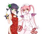  2girls bangs bat_wings black_hair bottle breasts china_dress chinese_clothes cleavage cleavage_cutout corona-chan cowboy_shot dp6523 dress ebola-chan fang green_eyes hair_ornament hand_on_another&#039;s_shoulder hat holding holding_bottle looking_at_viewer meme multiple_girls nurse_cap open_mouth original pale_skin pink_hair side_slit smile transparent_background twintails wings yellow_eyes 
