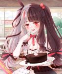  1girl absurdres breasts cake chocolate chocolate_cake cleavage food gloves hair_ornament highres long_hair looking_at_viewer multicolored_hair nijisanji open_mouth portrait red_eyes ribbon road solo street twintails virtual_youtuber yorumi_rena 