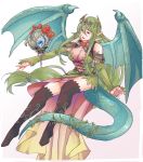  1girl absurdres alternate_costume breasts buttlet13 cleavage detached_sleeves dragon_tail dragon_wings fire_emblem fire_emblem:_mystery_of_the_emblem fire_emblem_heroes flower full_body green_eyes green_hair highres large_breasts long_hair nagi_(fire_emblem) parted_lips pointy_ears simple_background solo tail tiara white_background wings 