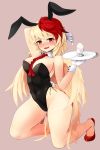  1girl animal_ears bare_legs bare_shoulders between_breasts bird_wings black_leotard blonde_hair blush breasts bunny_ears bunny_tail bunnysuit detached_collar egg fake_animal_ears full_body gloves highres holding kneeling large_breasts leotard looking_at_viewer multicolored_hair nama_shirasu niwatari_kutaka nose_blush red_eyes red_footwear red_hair red_neckwear shoes simple_background smile solo sweat tail touhou tray two-tone_hair white_gloves wings wrist_cuffs 