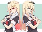  2girls bangs black_ribbon black_serafuku blonde_hair blush breasts commentary_request dan_(kumadan) gloves gradient_hair green_eyes hair_flaps hair_ornament hair_ribbon hairclip heart kantai_collection long_hair looking_at_viewer multicolored_hair multiple_girls neckerchief open_mouth red_eyes red_hair remodel_(kantai_collection) ribbon scarf school_uniform serafuku simple_background smile straight_hair very_long_hair yuudachi_(kantai_collection) 