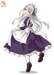  1girl alternate_costume arched_back artist_logo asymmetrical_bangs bangs blue_dress commentary_request dated dress dress_lift enmaided from_behind full_body grey_hair highres kanon_(kurogane_knights) kantai_collection long_hair looking_at_viewer looking_back maid maid_headdress purple_eyes sagiri_(kantai_collection) shaft_look silver_hair simple_background smile solo swept_bangs white_background 