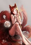  1girl absurdres animal_ears bbkid character_request copyright_request fox_ears fox_tail heart highres long_hair multiple_tails nude orange_eyes red_hair simple_background tail water_drop 