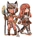  2girls :3 animal_ears bare_shoulders belt blue_eyes blush boots breastplate breasts brown_hair cat_ears cat_girl cat_tail chibi claws dark_skin dated diadem eyebrows_visible_through_hair faulds gauntlets greaves green_eyes grey_hair hair_ornament holding holding_staff kotoba_noriaki long_hair looking_at_viewer multiple_girls navel original parted_lips pelvic_curtain pigeon-toed pouch pubic_tattoo revealing_clothes scabbard sheath short_hair signature simple_background slit_pupils small_breasts staff sword tail tattoo walking weapon white_background 